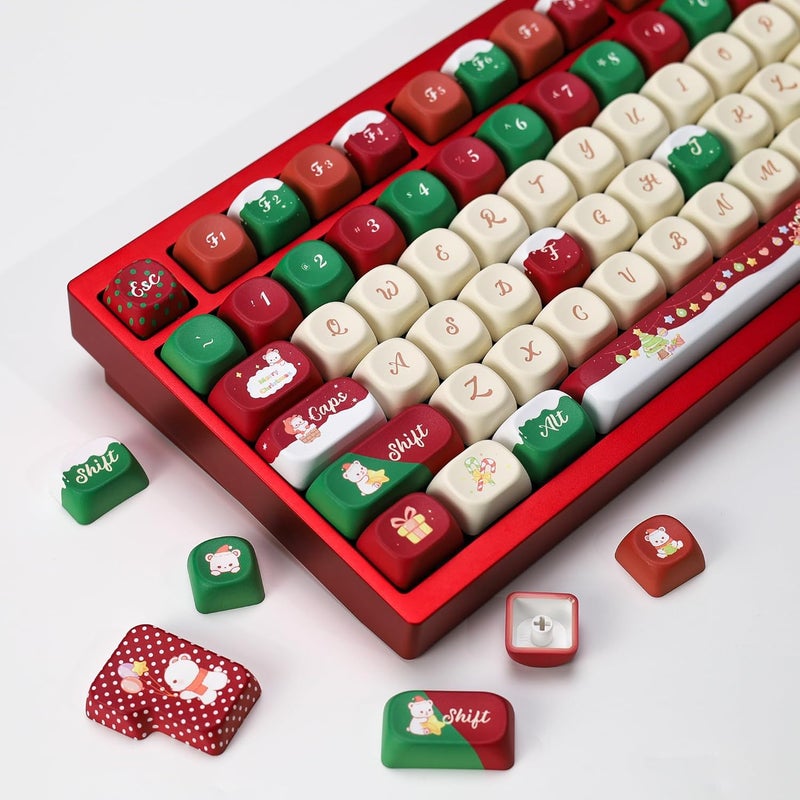 YMKPVR KBDiy Christmas Bear KOA Profile Keycap Set,133 Keycaps,Red Cute PBT Custom Keycaps for Mechanical Keyboard, Compatible with ANSI/ISO, 60%, 65%, 75%, TKL, Full-Sized Layout - Image 1
